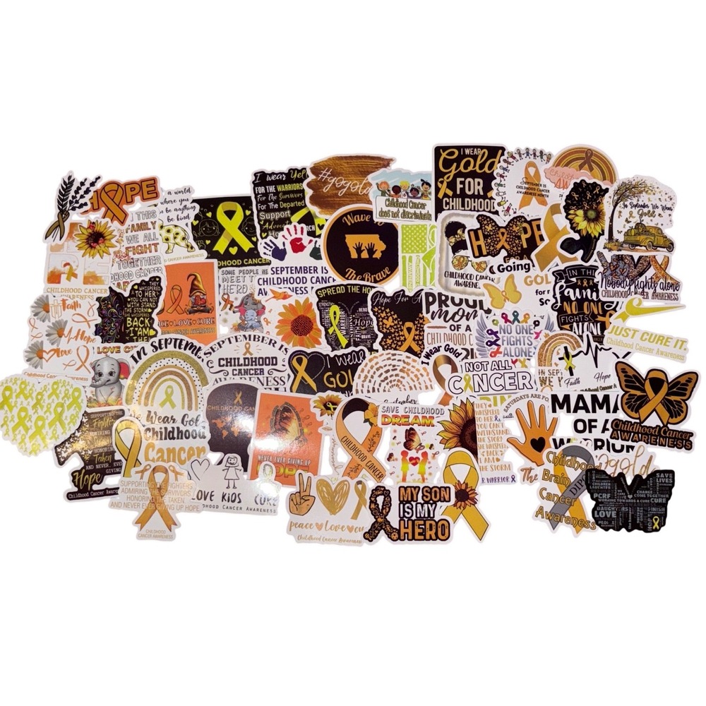 NEW 62pc Childhood Cancer Awareness Vinyl Sticker Lot Gold Ribbon Support Decals